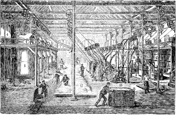 Ancienne Illustration Gravée Usine Blanchiment Des Fibres Coton Coton Avec — Image vectorielle