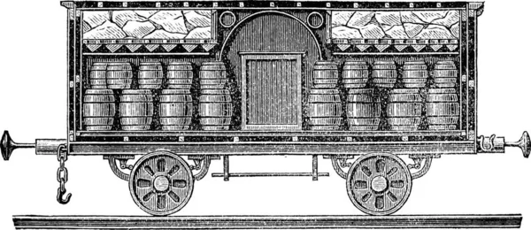 Oude Gegraveerd Illustratie Van Iced Bier Vaten Wagen Voor Het — Stockvector