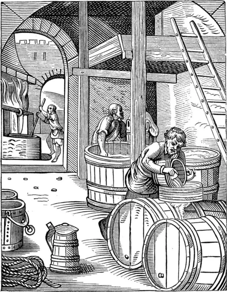 Antigua Ilustración Grabada Tres Cerveceros Del Siglo Xvi Que Trabajan — Archivo Imágenes Vectoriales