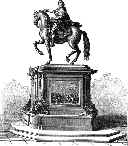 Estátua Bronze Rei Luís França Montado Cavalo Vintage Gravada Ilustração — Vetor de Stock