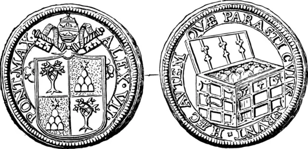 Moneda Oro Del Papa Alejandro Vii Ilustración Grabada Vintage Enciclopedia — Vector de stock