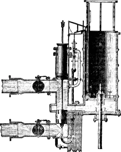 Wassersäulenmaschine Erste Periode Der Verteilung Gravierte Illustration Industrieenzyklopädie Lami 1875 — Stockvektor