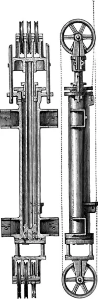 Motor Funicular Água Comprimida Dupla Potência Ilustração Gravada Vintage Enciclopédia — Vetor de Stock