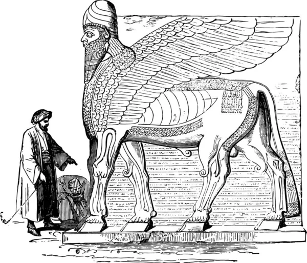 Geflügelte Figur Einem Portal Nimrud Vintage Gravierte Illustration Industrieenzyklopädie Lami — Stockvektor