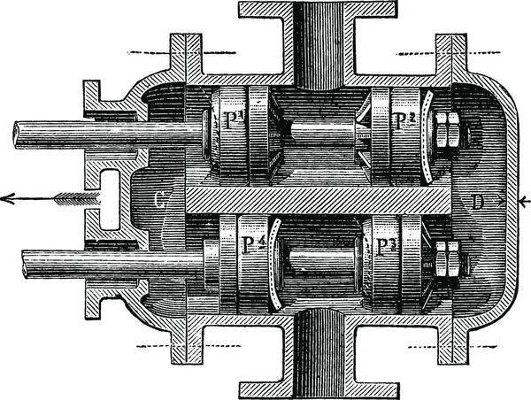 ポンプ ピストン 直流電流 バイエ Audemar システム ビンテージの刻まれた図 産業百科事典 1875 — ストックベクタ