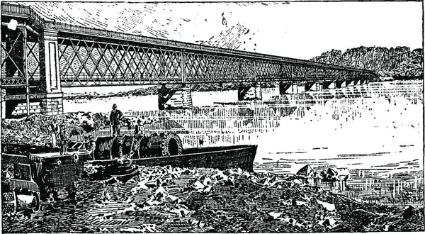 桁架桥 公路和铁路 到维亚纳 葡萄牙 复古雕刻插图 工业百科全书 1875 — 图库矢量图片