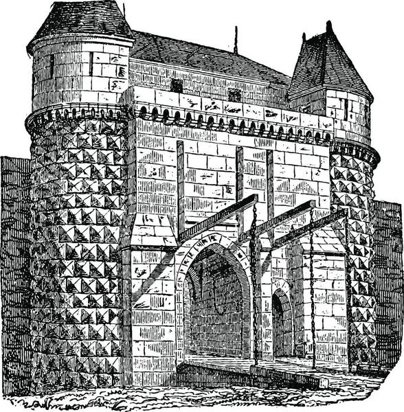Portão Fortificado Com Pontes Levadiças Ilustração Gravada Vintage Enciclopédia Industrial — Vetor de Stock