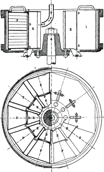 Plano Seccional Turbina Langen Ilustração Gravada Vintage Enciclopédia Industrial Lami —  Vetores de Stock