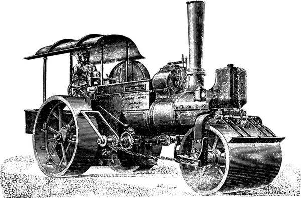 Steam Roller Járdán Vintage Gördülő Vésett Illusztráció Ipari Enciklopédia Lami — Stock Vector