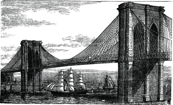 ブルックリン橋とイースト川のイラスト ニューヨーク アメリカ 1890年代のヴィンテージ彫刻 1883年に完成したブルックリン吊り橋の古い彫刻されたイラストで 以下の船が航行しています — ストックベクタ
