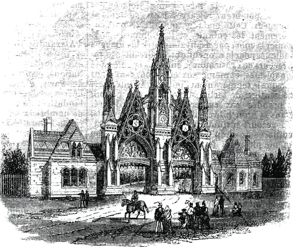 그린우드 묘지의 입구는 브루클린에 1890 대빈티지화가 시작되었다 근처에 탄자와 사람들이 — 스톡 벡터