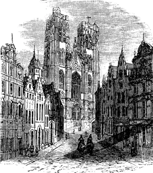 Iglesia Santa Gúdula Bruselas Bélgica Grabado Vintage Antigua Ilustración Grabada — Archivo Imágenes Vectoriales