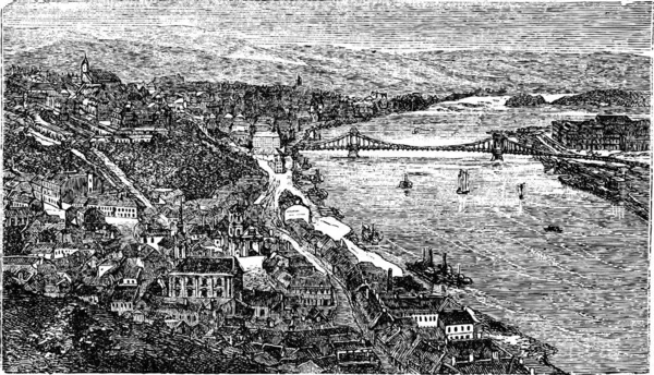 悬挂桥 匈牙利布达佩斯 1890年代链桥的古老雕刻图解 匈牙利布达佩斯 — 图库矢量图片