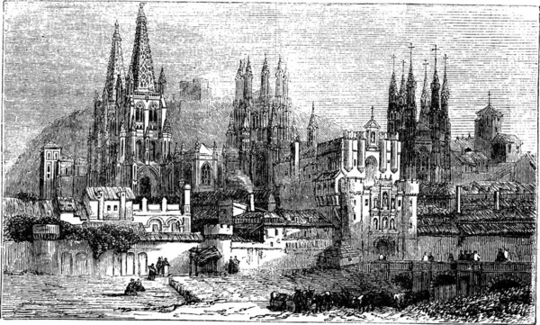 Burgos Město Španělsko Staré Ryté Ilustrace Burgosu Město Španělsko Léta — Stockový vektor