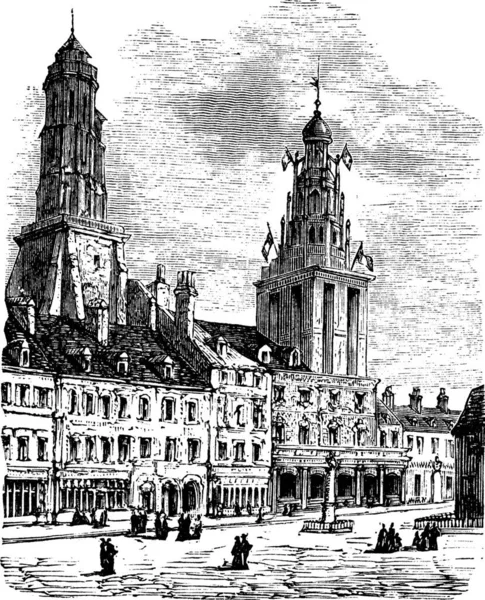 Calais Város Franciaországban City Square Városháza Világítótorony Vintage Gravírozás Régi — Stock Vector