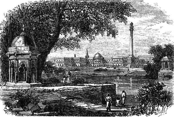 Government House Ochterlony Monument Calcutta India Oude Gegraveerde Illustratie Van — Stockvector