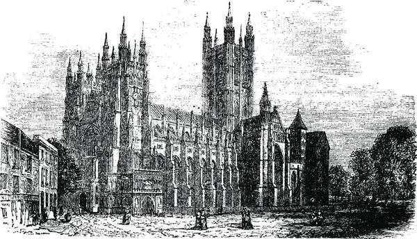 坎特伯雷主教座堂 英国肯特 古老的雕刻 19世纪90年代坎特伯雷主教座堂街景的古老雕刻图解 — 图库矢量图片