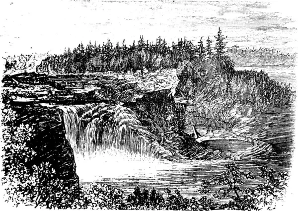 ケベックでは 彫刻は 1890 年代の間にカナダのヴィンテージのショーディ エール川滝 やかんの落下の古い彫刻が施されたイラスト — ストックベクタ