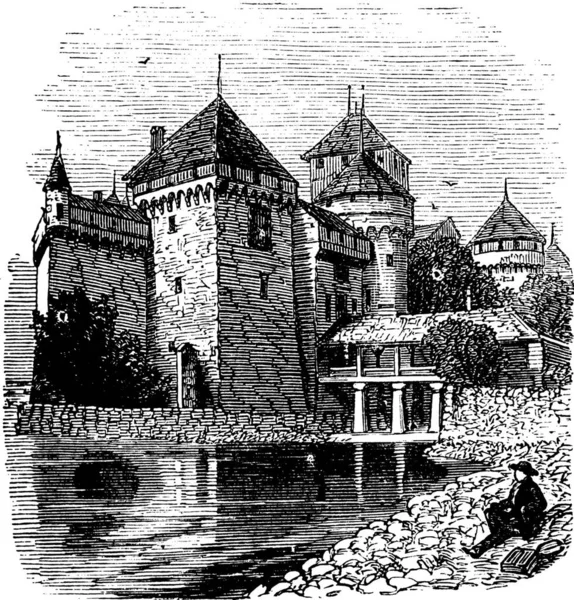 1890 Larda Veytaux Sviçre Chillon Şatosu Veya Chateau Chillon Vintage — Stok Vektör