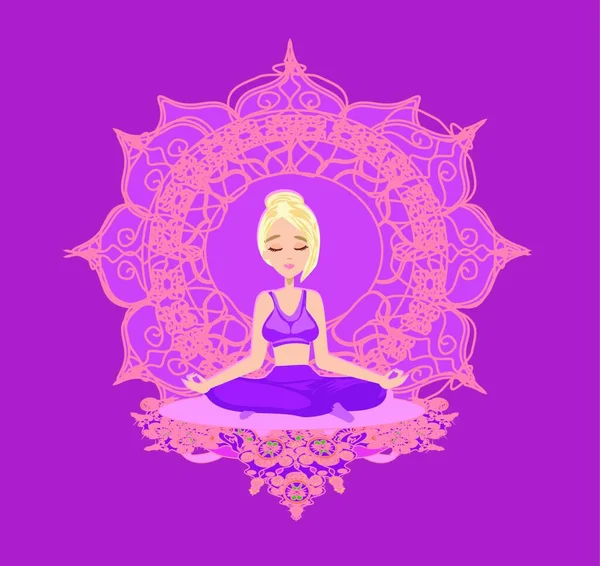 女の子で蓮のポーズ瞑想抽象的な装飾カード — ストックベクタ