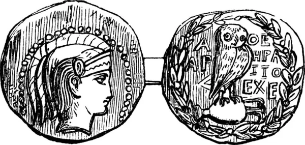 Tetradrachme Aus Athen Oder Griechische Silbermünze Vintage Gravur Alte Gestochene — Stockvektor