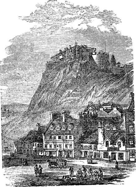 1890 年代の間にスコットランドでは エディンバラ城ビンテージ彫刻 古い刻まれたエジンバラ城の図 — ストックベクタ