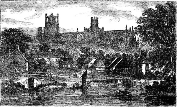 Ely Cathedral Cambridgeshire England United Kingdom 1890S Vintage Engraving Old — Stock Vector