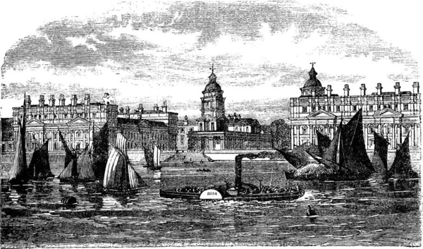 格林威治医院 Greenwich Hospital 或皇家海员医院 Royal Hospital Seamen 英国格林威治 在1890年代 进行了老式雕刻 — 图库矢量图片