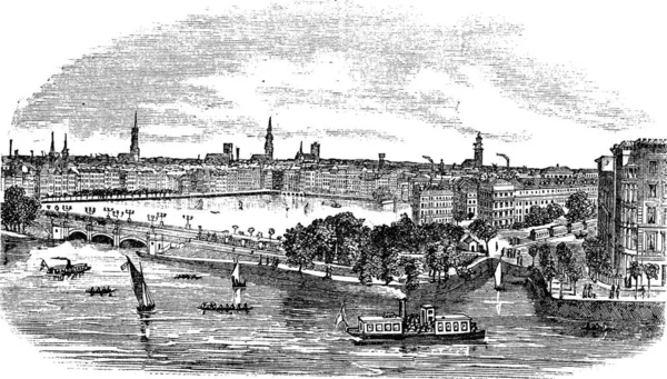 在德国汉堡的运河和建筑物的老式雕刻 1800年代汉堡美丽景色的古老雕刻图解 — 图库矢量图片