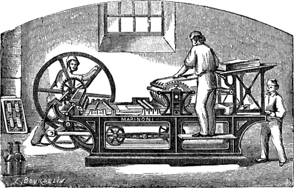マリノーニ印刷機 ヴィンテージ彫刻 マリノーニ印刷機の古い刻まれたイラスト3人の労働者がそれを操作 — ストックベクタ