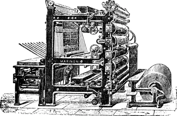 Imprimerie Rotative Marinoni Gravure Vintage Ancienne Illustration Gravée Presse Rotative — Image vectorielle