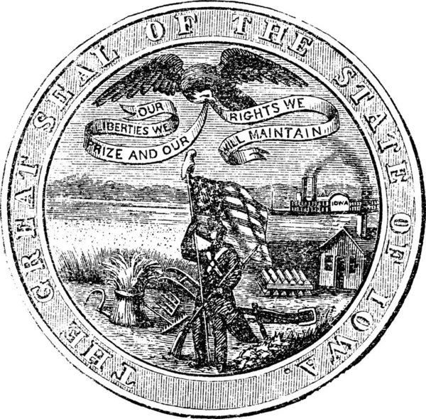 衣阿华州的美国 复古雕刻的国玺 旧刻大密封的衣阿华州的独立在白色背景上的插图 — 图库矢量图片