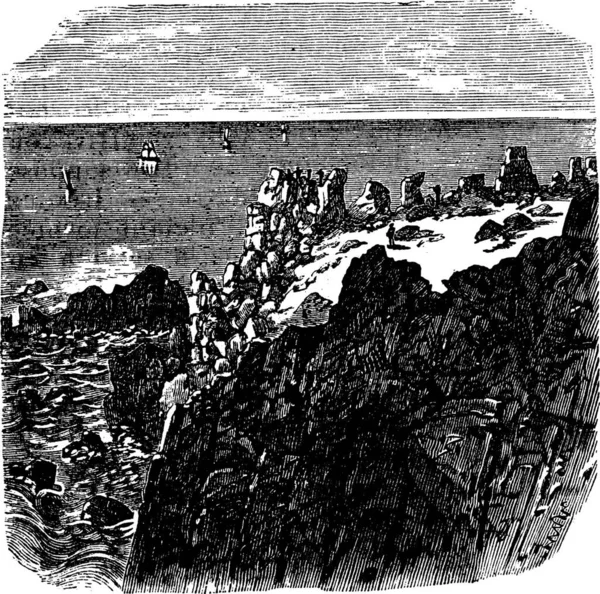 土地の最後のヴィンテージ彫刻 海によって岩崖の古い刻まれたイラスト — ストックベクタ