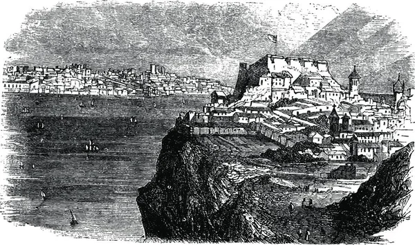 Lisbon Blick Vom Südufer Des Tagus Jahrgangsgravur Illustration Hosenlexikon 1886 — Stockvektor