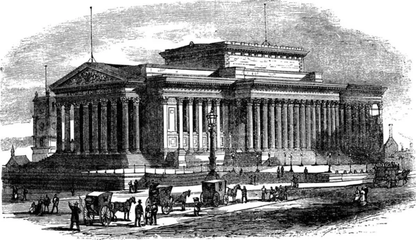 1890 리버풀의 스트리트에 세인트 Georges Hall 빈티지 판화를 하였다 세인트 — 스톡 벡터
