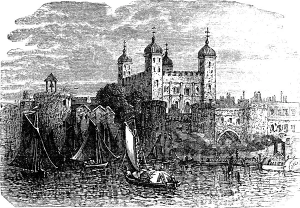 19世纪90年代 英国伦敦的伦敦塔楼或女王陛下的皇家宫殿和要塞 Royal Palace Fortress 古老的雕刻 伦敦塔的古老雕刻图解 前面有活动的船只 — 图库矢量图片