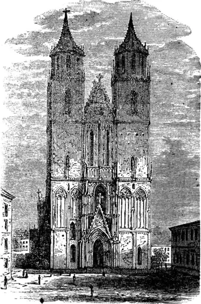 1890年代のドイツのマグデブルク大聖堂やカテドラル セインツ キャサリンやモーリス大聖堂では ヴィンテージの彫刻が行われていた 正面からのマグデブルク大聖堂の古い刻まれたイラスト — ストックベクタ