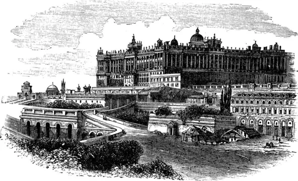 Royal Palace Madrid Spain 1890S Vintage Gravaving Staré Ryté Ilustrace — Stockový vektor