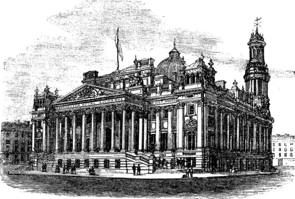 1890 年代の間にマンチェスター イギリスの王立証券取引所ビンテージ彫刻 旧王立証券取引所のイラストを刻まれています — ストックベクタ