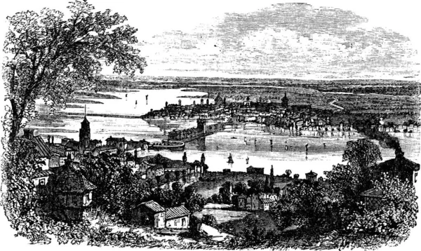 1890 이탈리아 롬바르디아의 만토바에서는 빈티지 판화가 유행하였다 사이에 호수가 만토바 — 스톡 벡터