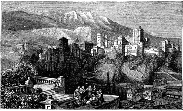 Het Alhambra Granada Spanje Oude Gravure Rond 1890 Met Een — Stockvector