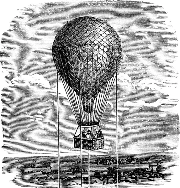 古董飞机或热气球古董插图 用绳子固定在空中的热气球的古老刻印 — 图库矢量图片