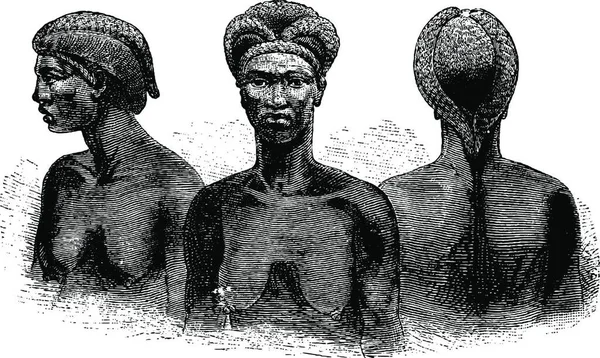 南アフリカのアンゴラのカバンゴ川の端から来たガングエラの女性たちは 英語版のヴィンテージイラストを基に彫刻をしています Tour Monde Travel Journal 1881年 — ストックベクタ