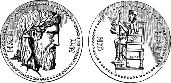 Moneda Griega Con Cabeza Júpiter Fidias Ilustración Grabada Vintage Enciclopedia — Vector de stock