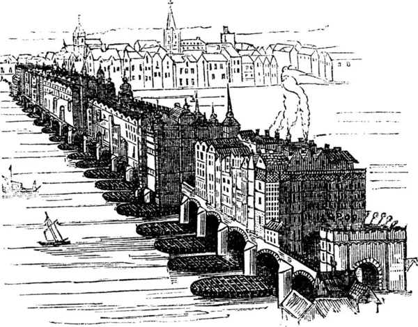 Old Medieval London Bridge Inglaterra Reino Unido 1616 Ilustração Gravada —  Vetores de Stock