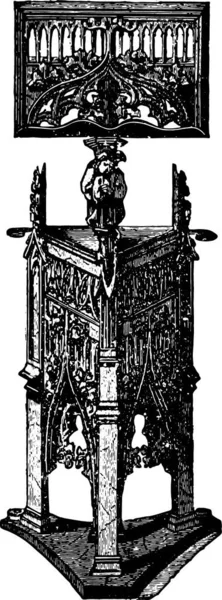 彫刻が施された木製説教壇 ヴィンテージには 図が刻まれています 産業百科事典 1875 — ストックベクタ