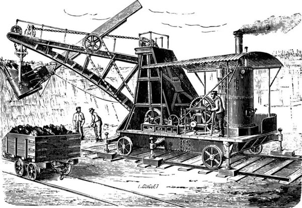 Cuchara Dragado Vagón Ilustración Grabada Vintage Enciclopedia Industrial Lami 1875 — Vector de stock