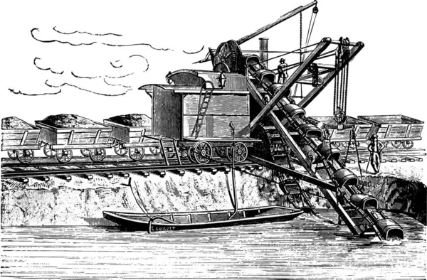 使用される掘削機は ドナウ川 ビンテージの刻まれた図の新しいベッドを掘るします 産業百科事典 1875 — ストックベクタ