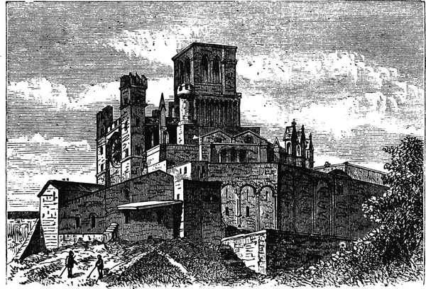 法国贝齐尔大教堂或圣纳泽尔大教堂 1890年代法国圣纳泽尔大教堂的古老雕刻图解 — 图库矢量图片