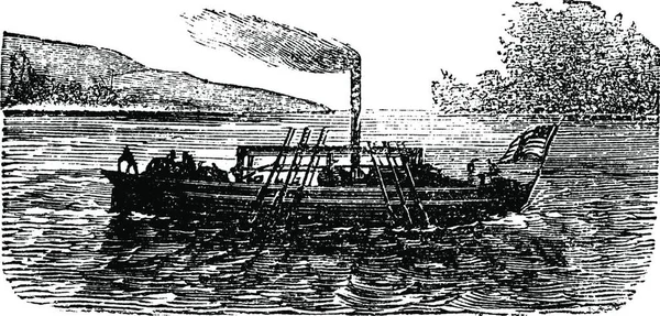 Paddle Steamer或约翰 John Fitch 于1786年在美国进行的蒸汽船实验 菲奇的蒸汽船实验的古老雕刻图解 — 图库矢量图片